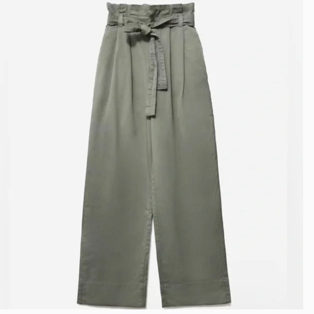 Everlane Paper Bag Waist Wide Leg High Rise Organic Cotton Pants Green XS
